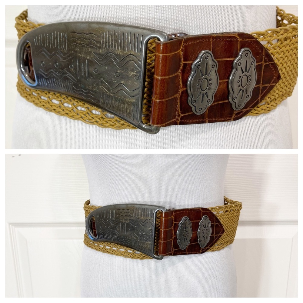 Vintage Belt Details By Patricia Green Tan Brown Ornate Silver Buckle